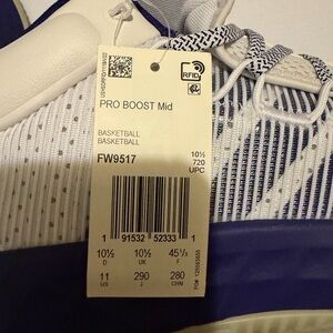 New Adidas Pro Boost Mid White and Blue Sneakers, Size 11